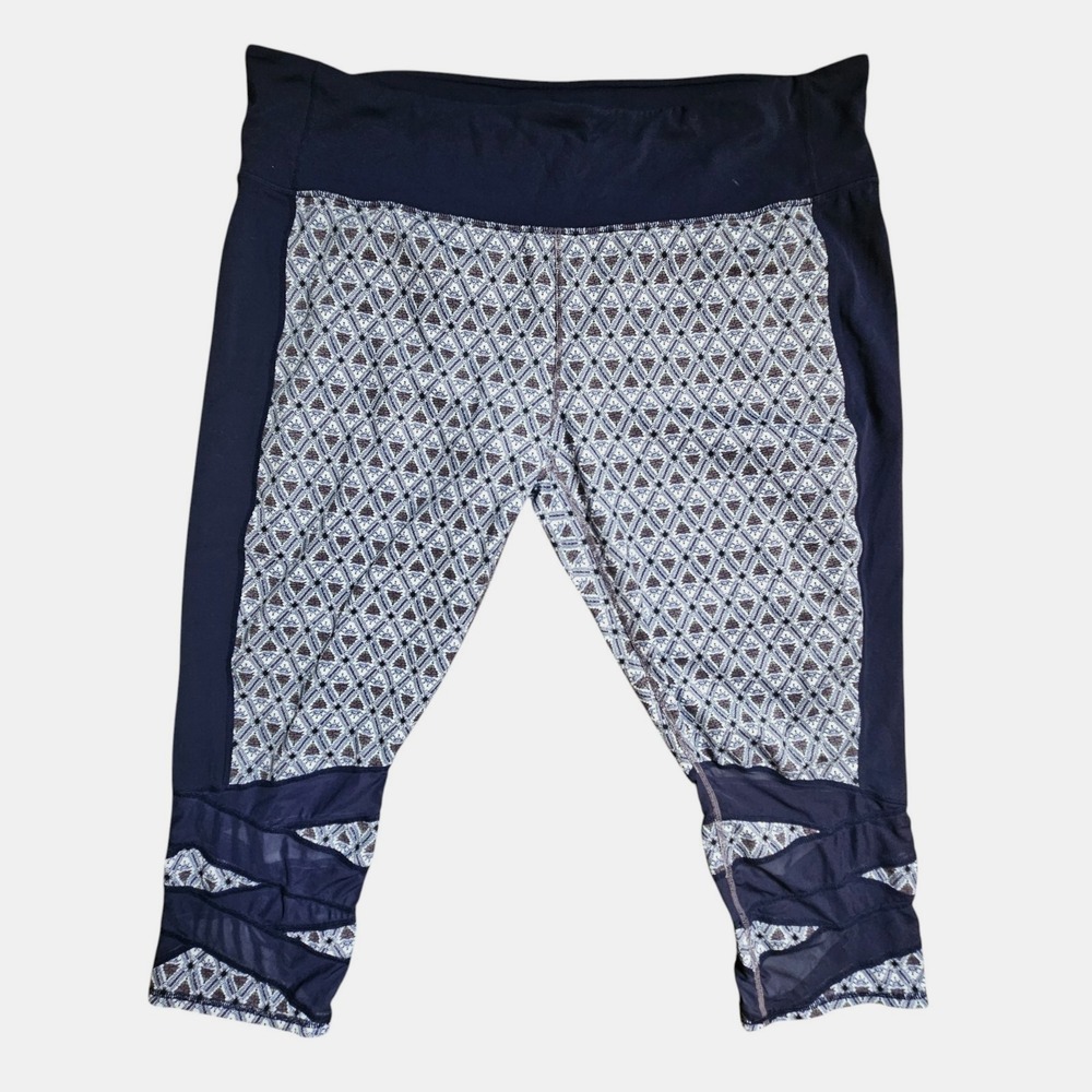 Athleta Mantra‎ Mosaic Print Capri Leggings 2X Ballet Criss Cross Mesh 777540